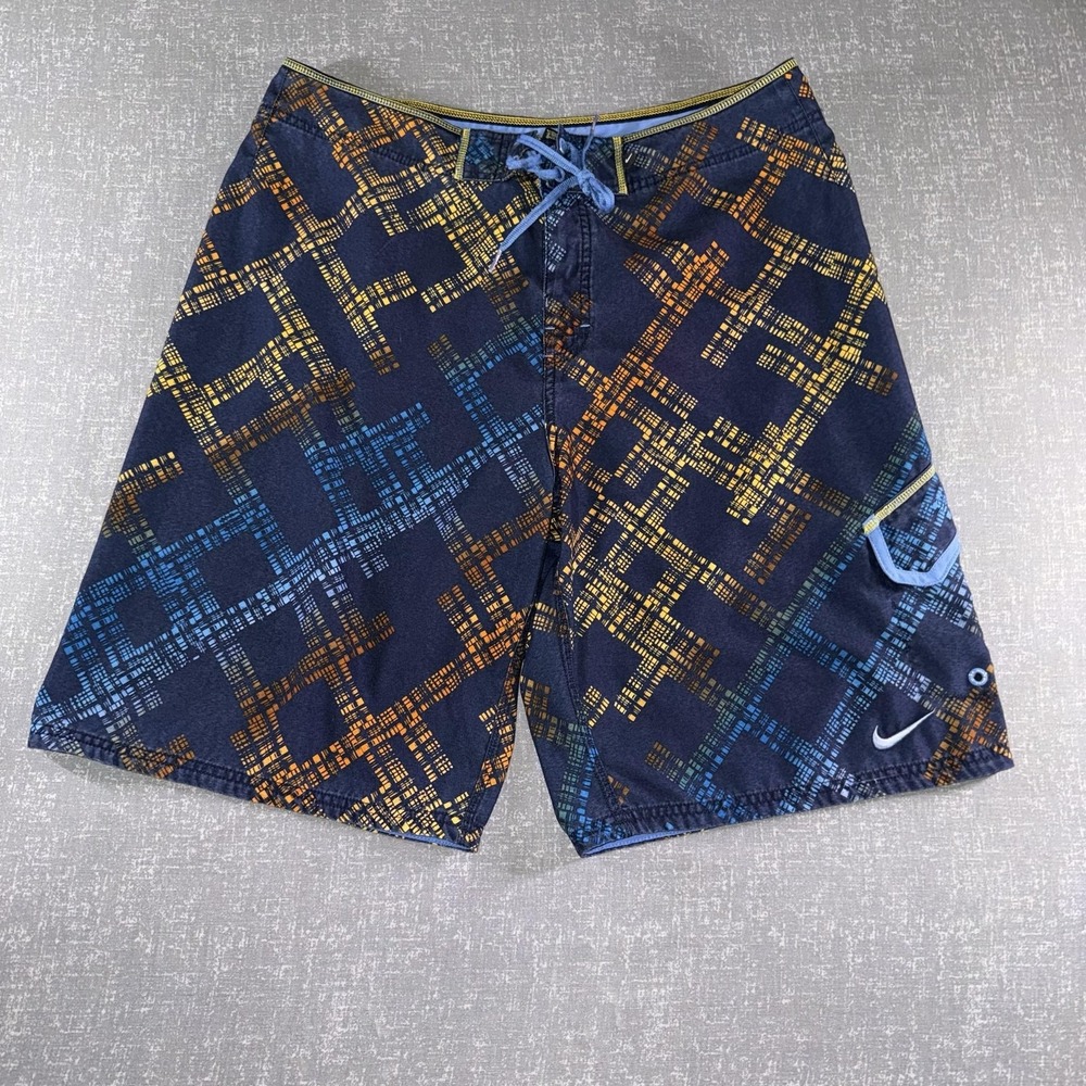 Nike Board Shorts Mens 36 Blue Geometric Swim Trunks Surf Pocket Swoosh Print